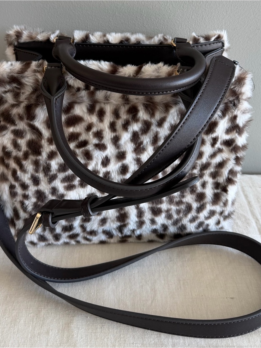 Karl Lagerfeld Faux Fur Leopard Satchel with Dark Brown Trim